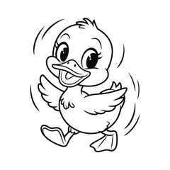 Cute Cartoon Duck Flapping Wings – Black and White Line Art Vector Illustration