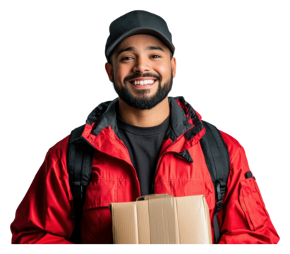 Delivery action smiling man with package urban setting portrait isolated on transparent background