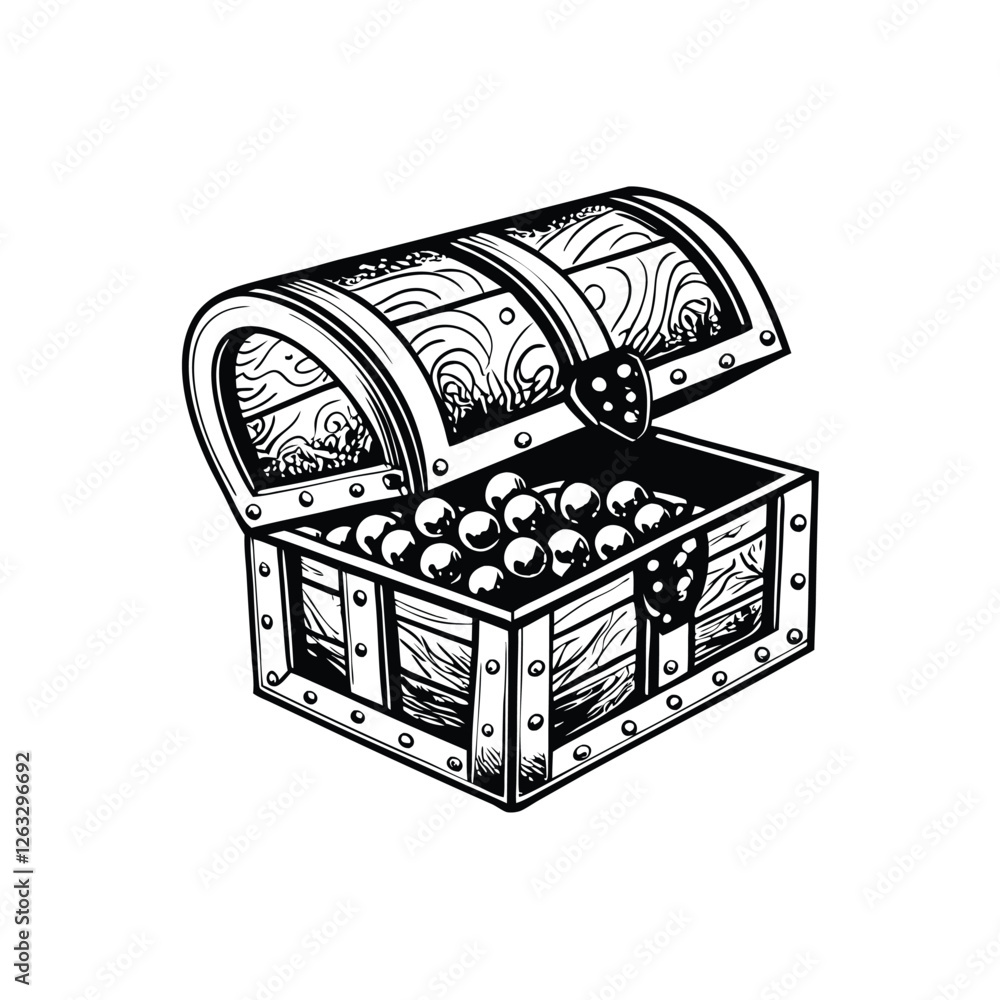Poster create a high-resolution editable stroke vector graphic of an open treasure chest overflowing with j