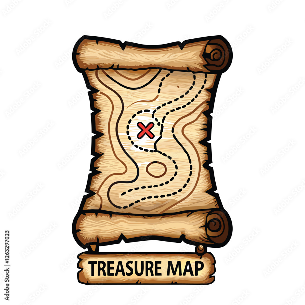 Poster create an editable vector illustration of a detailed treasure map with a skull and crossbones, featu