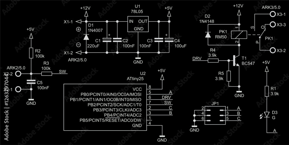 Poster schematic diagram of electronic device on sheet of paper. vector drawing electrical circuit with con