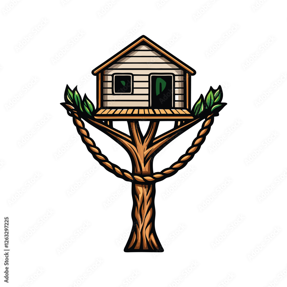Poster create a detailed vector illustration of an idyllic treehouse built securely into a sturdy, large tr