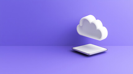 3D cloud icon hovering above flat surface, set against purple background, symbolizes cloud computing and digital storage