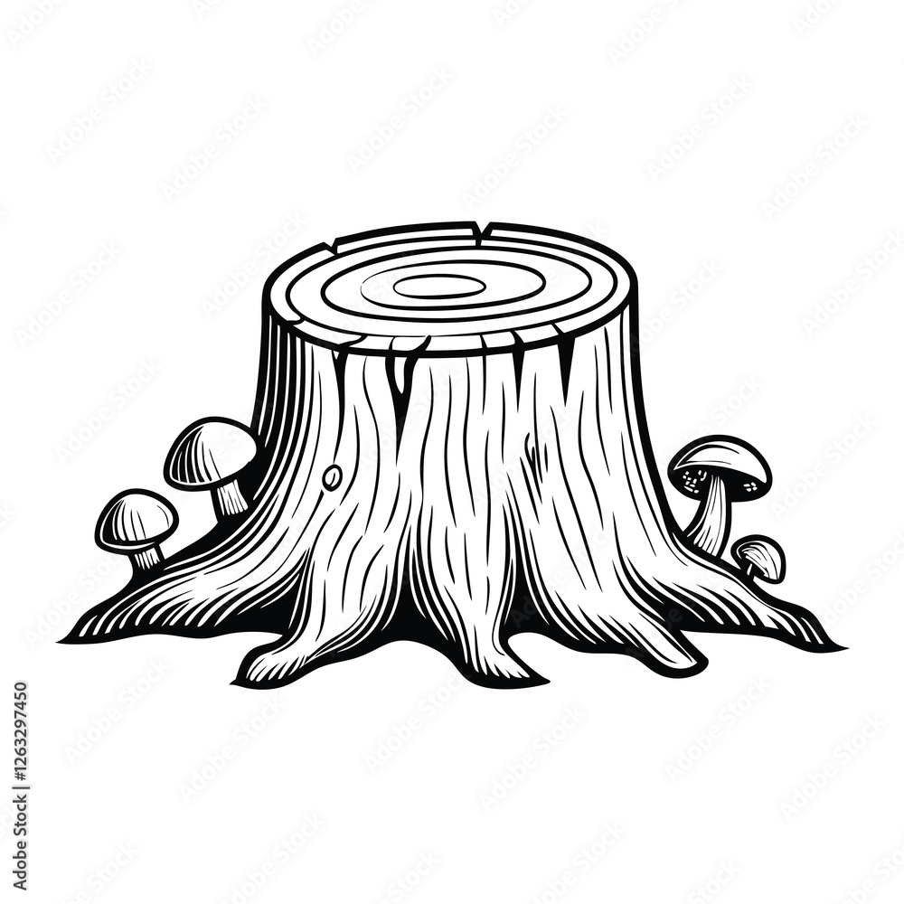 Poster create a highly detailed, editable stroke vector graphic of a tree stump with a mushroom growing on 