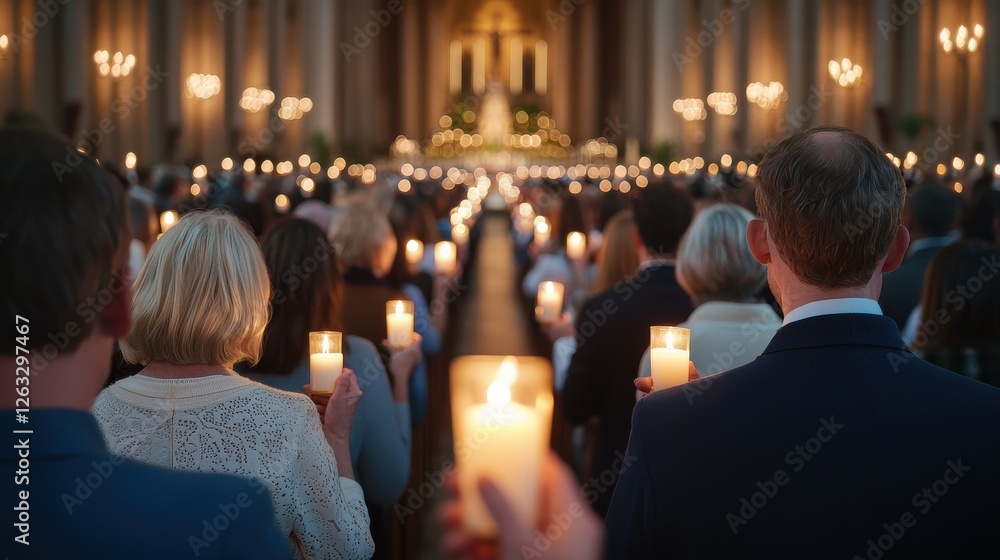 Aufkleber a solemn gathering with attendees holding candles in a dimly lit space, creating a serene atmosphere