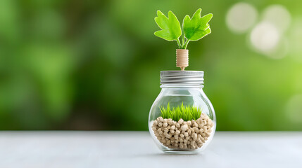 small glass jar with metal lid contains green grass and pebbles, topped with sprouting plant. background is soft green blur, creating fresh and vibrant atmosphere