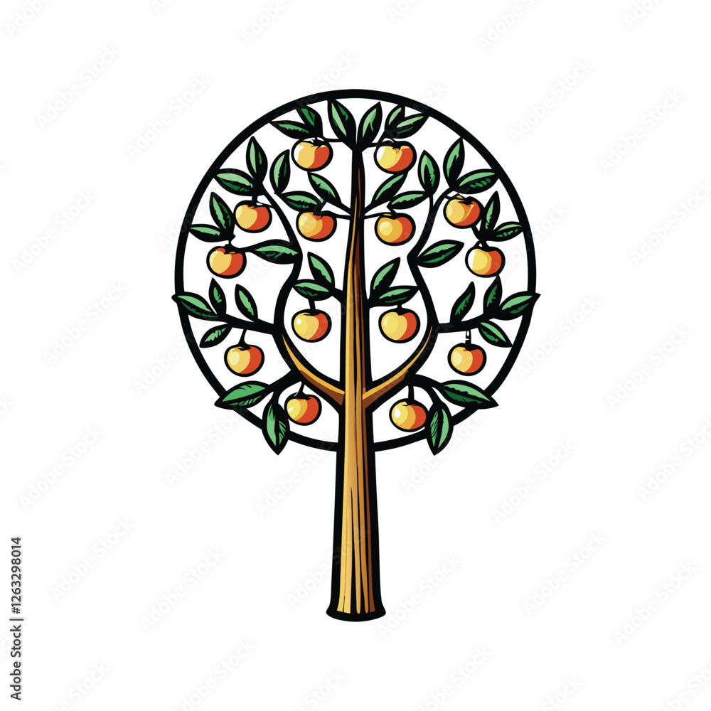 Poster create an editable stroke vector illustration of a fruit-bearing tree, showcasing detailed leaves an