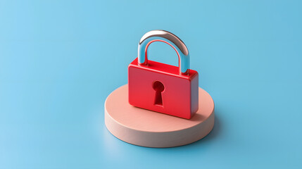 red padlock on wooden pedestal against blue background symbolizes data privacy and security. This highlights importance of protecting personal information in digital age