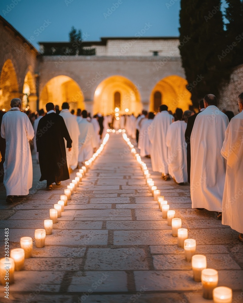 Aufkleber a serene procession of robed figures walks along a candle-lit path, creating a tranquil atmosphere i