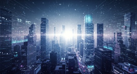 Obraz premium Futuristic Cityscape at Dawn - Modern metropolis, technological advancement, urban development, transformation, bright future. Symbolizing progress, innovation, connectivity, and hope