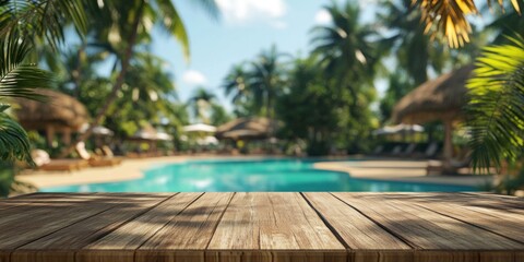 Fototapeta premium Tropical Paradise Resort: Wooden Deck Overlooking a Stunning Pool and Lush Palm Trees