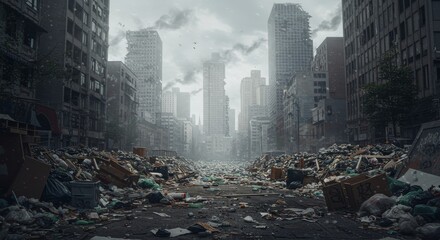 Post-Apocalyptic Cityscape Ruin - Desolate urban landscape, symbolic of destruction, decay, loss, resilience, and the struggle for survival. A haunting of a city overwhelmed by waste and ruin