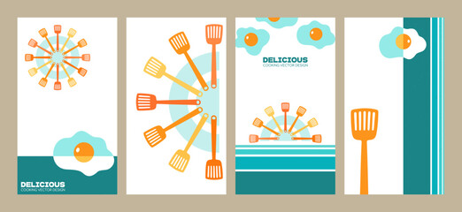 Abstract funny food banner set. Summer colorful omelet design, fried egg and spatula kitchen tool vector vertical templates