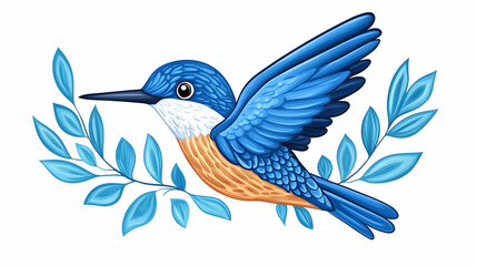 Obraz premium Blue bird flying with leaves. Nature, ornithology, wildlife for print or web use. Generative AI
