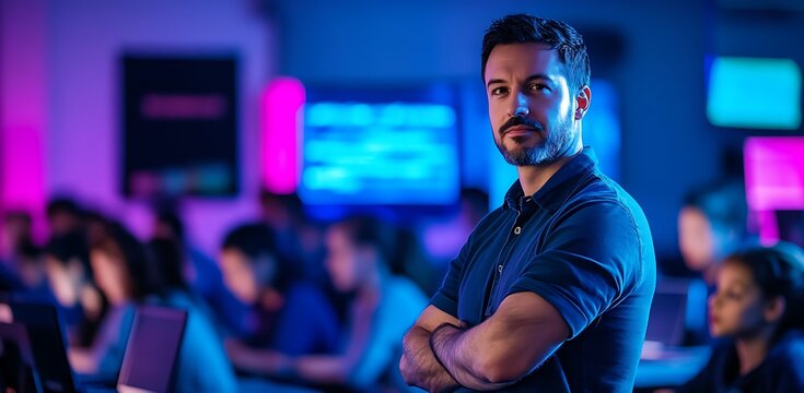 Cyberpunk Security Guard Portrait &ndash; Neon Blue Nightclub, Muscular Build, Serious Expression, Surveillance Monitors, Futuristic Aesthetic, High-Contrast, Hyper-Realistic 4K, Shallow Depth of Field