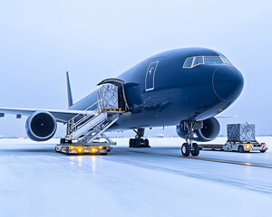 Obraz premium Cargo plane loading freight on ramp in winter twilight for logistics, delivery. Generative AI
