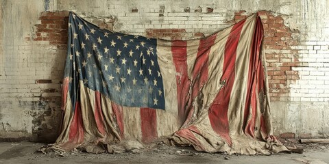 Worn american flag draped over a distressed brick wall
