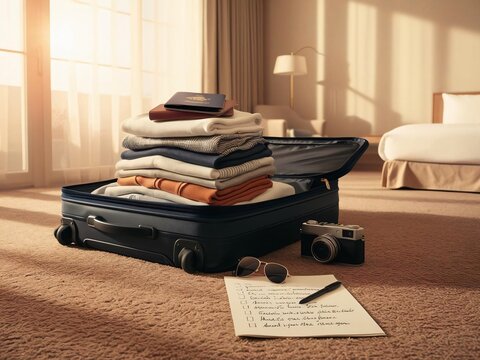 A neatly packed suitcase with folded clothes, a passport, and a checklist on the floor in a sunlit room. The image is relevant for travel preparation.