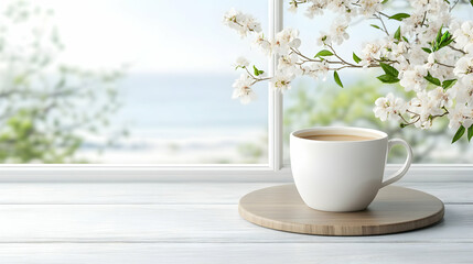 Coffee Cup with white flowers near window at beach background for relaxation moment. Generative AI
