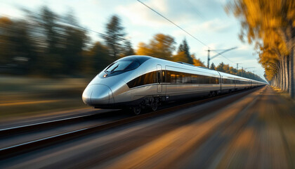 Obraz premium High-speed train in sharp focus with motion-blurred landscape, emphasizing speed.
