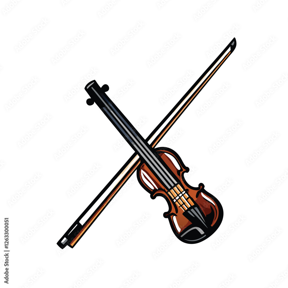 Poster create a clean, editable vector illustration of a violin bow gracefully crossing the strings of a vi