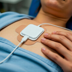 Patient Wearing a Patch for Continuous Health Monitoring. A wearable health monitoring device, on their chest. The image highlights the ease of use and non-invasive nature of the device.