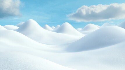 Ethereal snow-covered landscape with undulating fluffy mounds, smooth and untouched surface, pure white glow, high-resolution winter fantasy setting