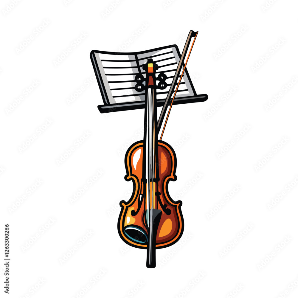 Poster create a vector illustration of a violin leaning elegantly against a music stand, featuring an edita