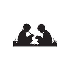 Silhouette of two children studying and writing outdoors, black vector illustration on white background