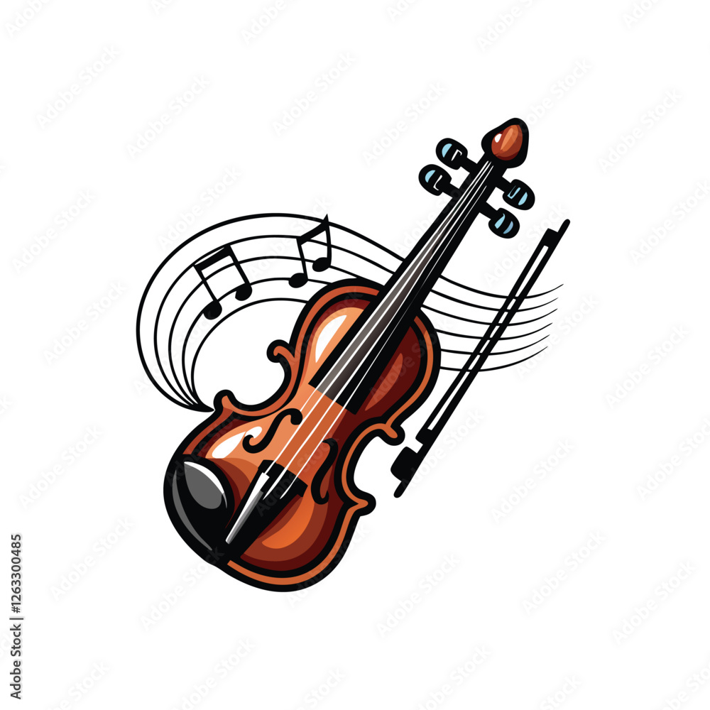 Poster create a high-resolution editable stroke vector graphic of a violin with a musical note elegantly po