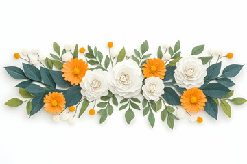 Floral Arrangement. White roses & orange daisies on a white background for decor use. Generative AI
