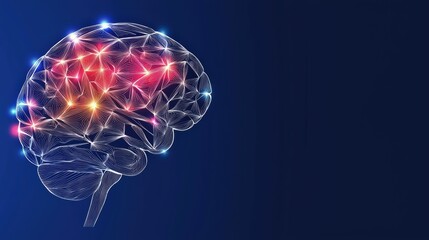 Fototapeta premium A digital representation of a brain with interconnected nodes and glowing lines, symbolizing neural networks and cognitive processes.