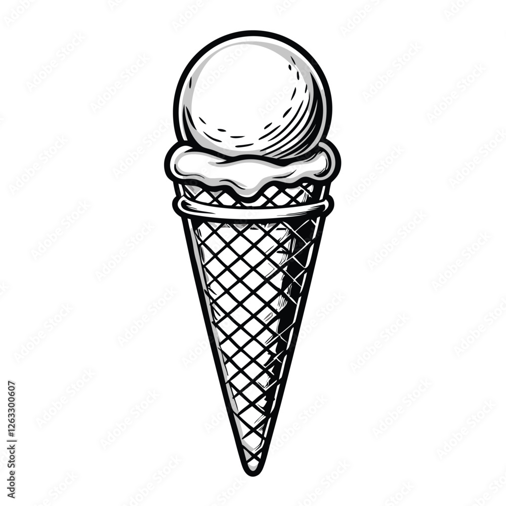 Poster create a clean, editable vector illustration of a waffle ice cream cone, partially filled with scoop
