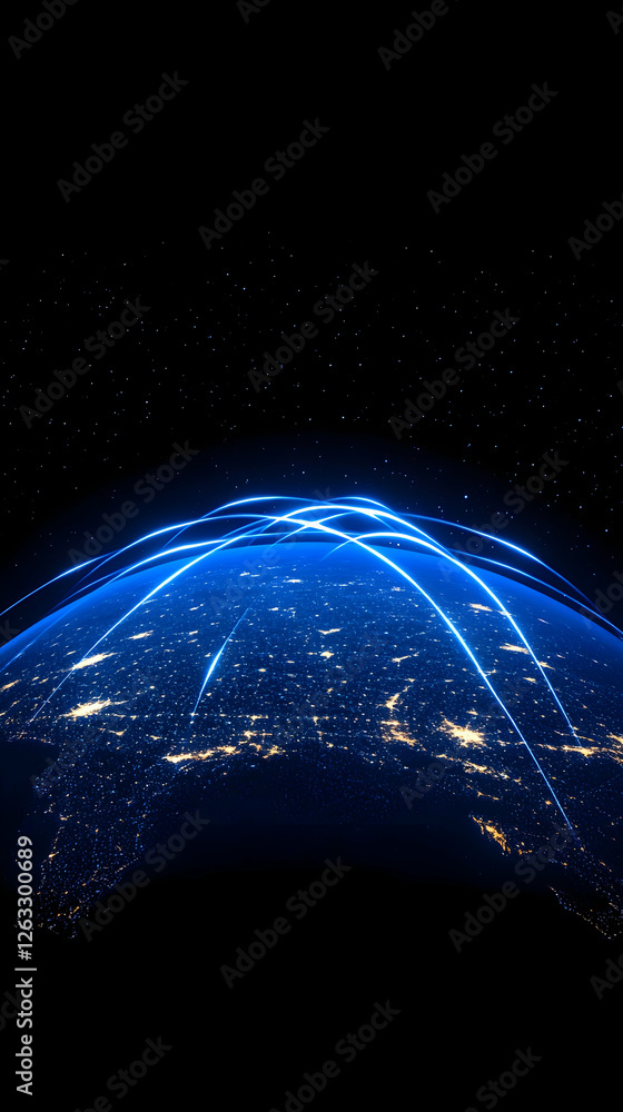 Poster global connections digital communication, data flow across illuminated earth. generative ai