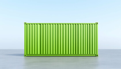 Green cargo container awaits shipment with light blue sky backdrop for logistics. Generative AI