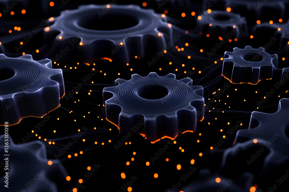 Poster interconnected gears glowing with orange light on dark background for engineering use. generative ai
