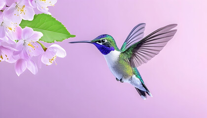 Naklejka premium Hummingbird hovering near blossoms, flying in spring. Nature wallpaper, card use. Generative AI