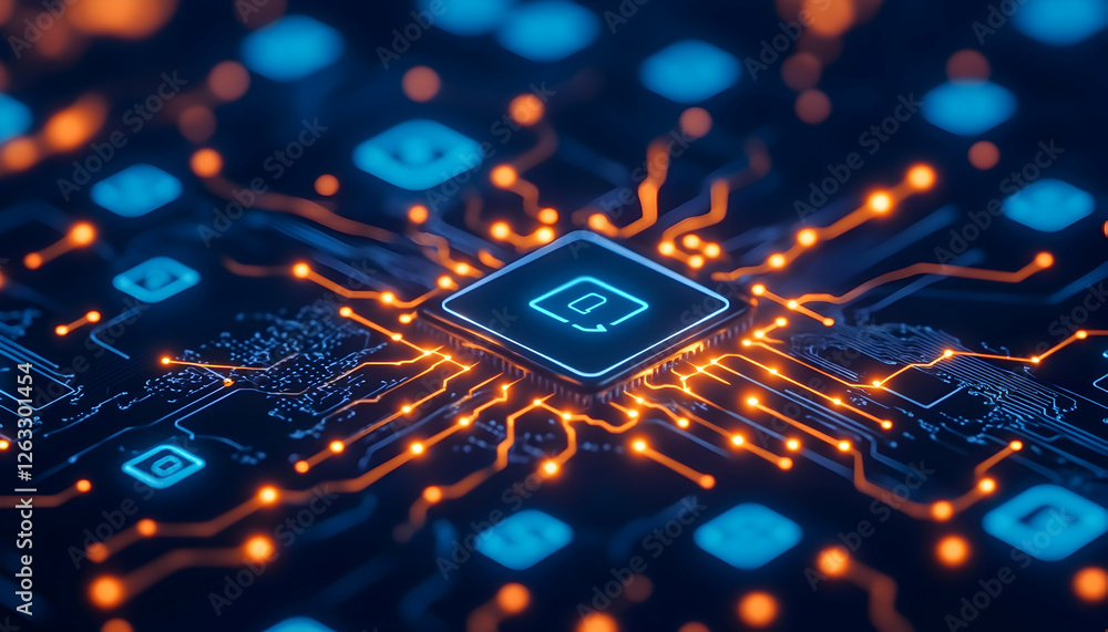 Poster microchip circuits connecting on a motherboard, reflecting future technology use. generative ai