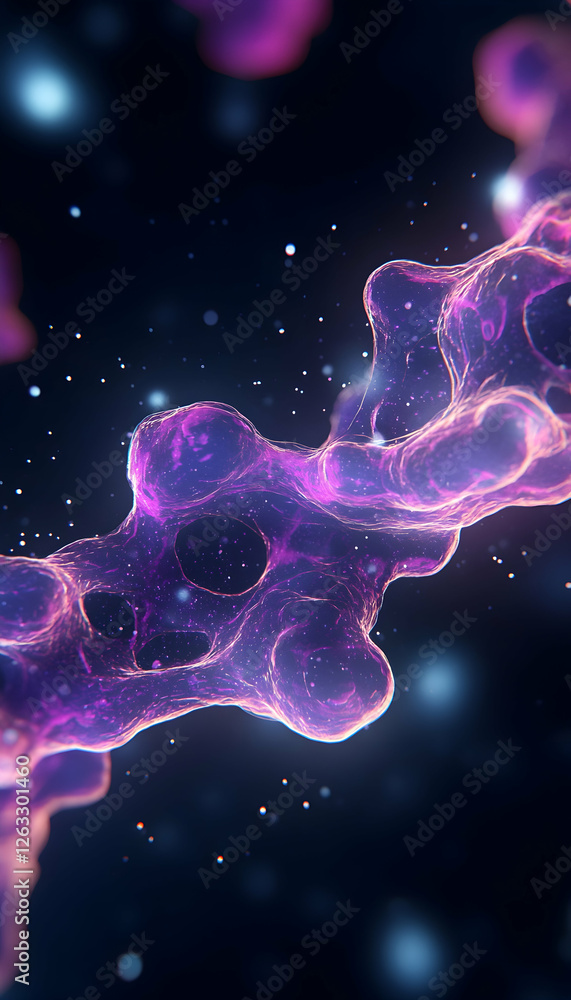 Poster microscopic purple organism in dark space; science concept with lights bokeh backdrop. generative ai