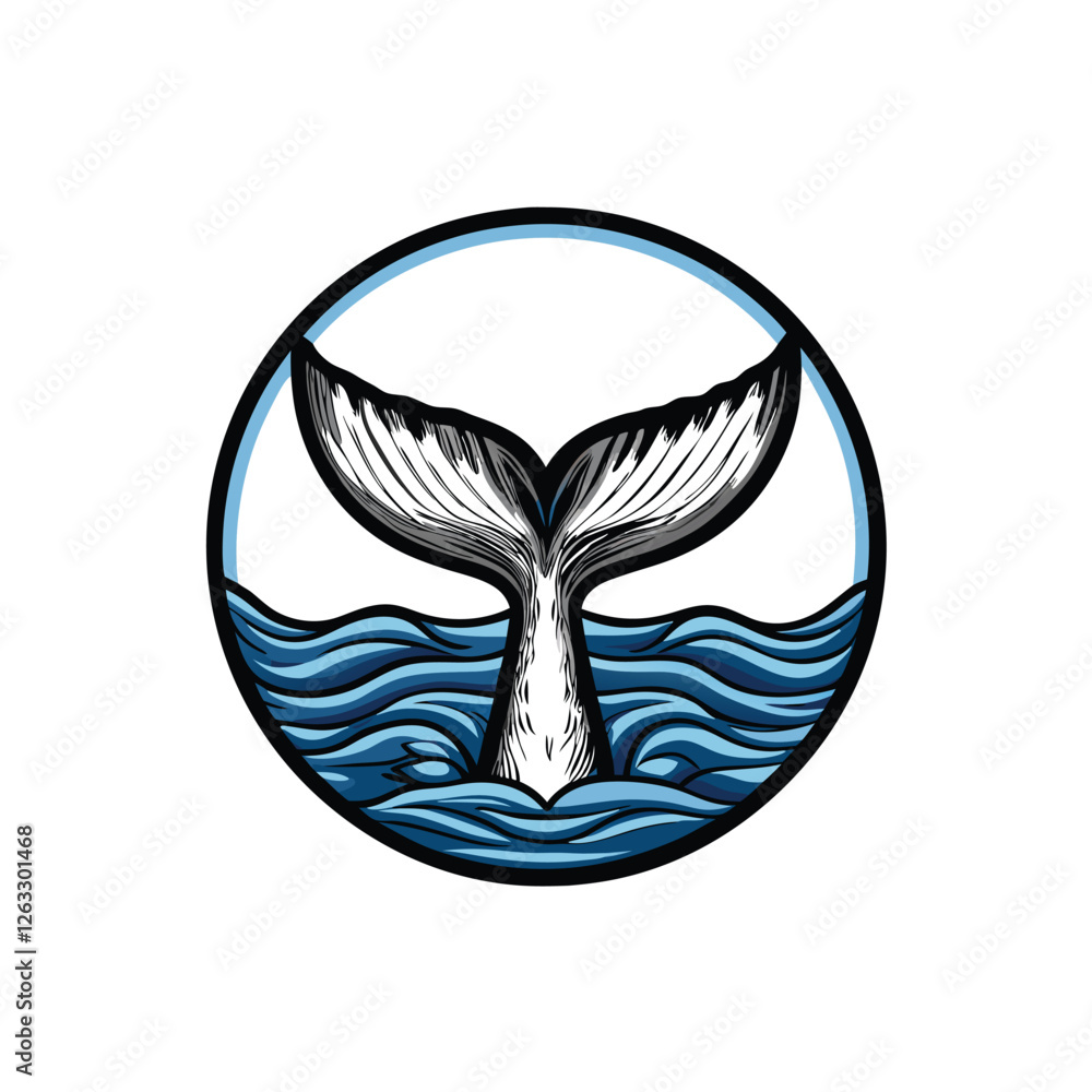 Aufkleber create an editable vector graphic of a whale's tail breaching and splashing, showing dynamic water s