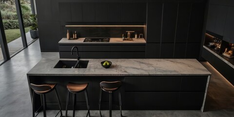 Modern Dark Kitchen Island With Marble Countertop And Stools
