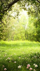 Obraz premium Sunny spring meadow, flowers, trees, background, nature photography