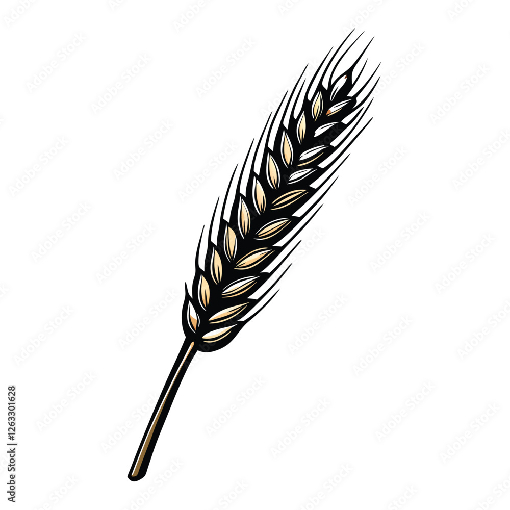 Poster create an editable stroke vector graphic of a single wheat stalk with detailed grain, showcasing the