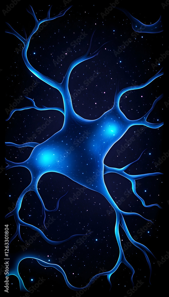 Poster neural network illustration abstract neuron with glowing light on dark galaxy background. generative