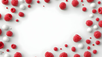 Raspberries and candy balls frame on white background. Advertising or presentations. Generative AI