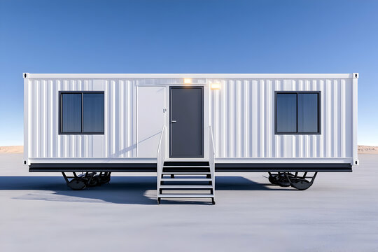 Portable site office in a desert, ideal for modular construction, or mobile work. Generative AI
