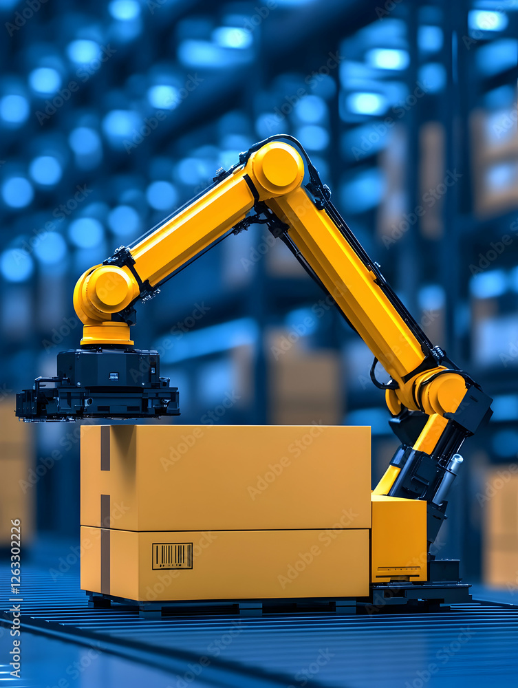 Aufkleber robot arm placing box in warehouse for e-commerce, automation of delivery process. generative ai