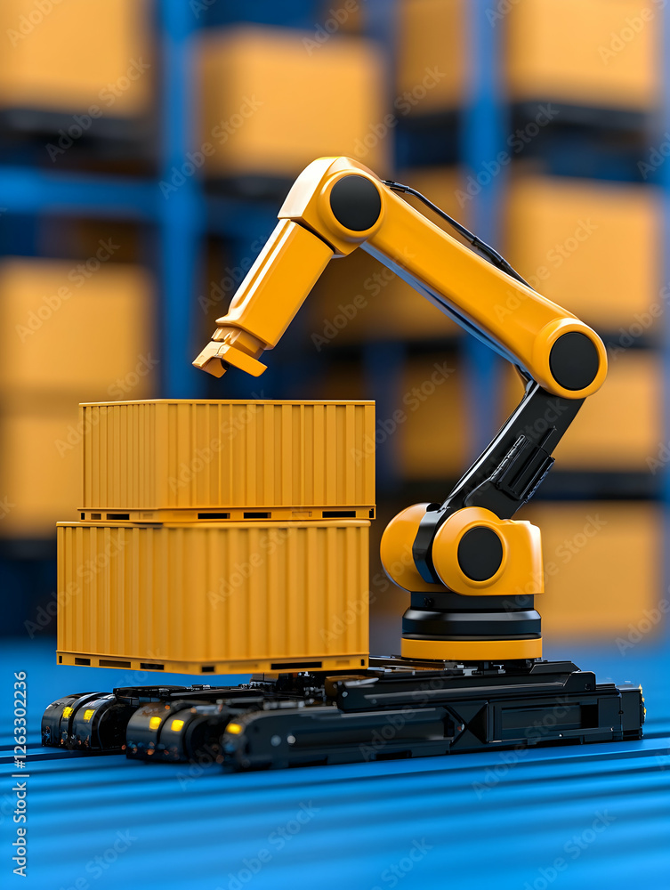 Poster robotic arm lifting boxes in distribution warehouse, automated stock management. generative ai