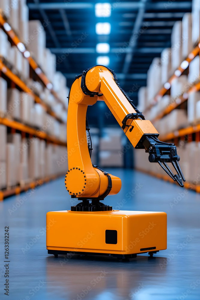 Poster robotic arm works in warehouse, moving boxes. automation improves logistics. generative ai