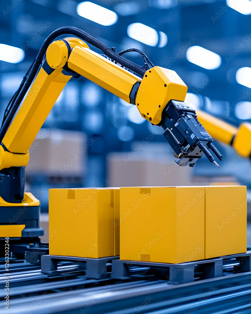 Poster robotic arm lifts box in factory for automation, efficiency, productivity. generative ai